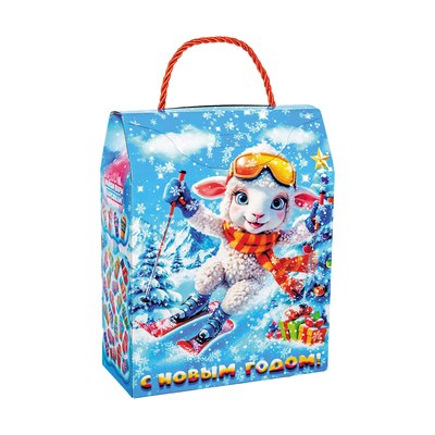 Новогодний подарок «034.Лыжник» · Вес: 700 г., Упаковка: картон. · Размеры: ↔ 16.80 см ⤢ 8.00 см ↕ 21.00 см · (кликни на картинку, чтобы увеличить) Детский новогодний подарок «Лыжник», 700 г, каталог 2027 года - фото 2