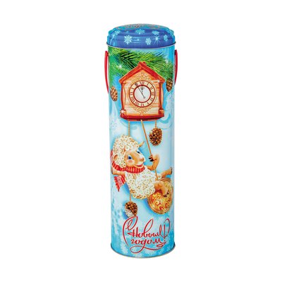 Новогодний подарок «083.Ходики» · Вес: 900 г., Упаковка: жесть. · Размеры: ↕ 33.00 см ⌀ 10.00 см · (кликни на картинку, чтобы увеличить) Детский новогодний подарок «Ходики», 900 г, каталог 2027 года